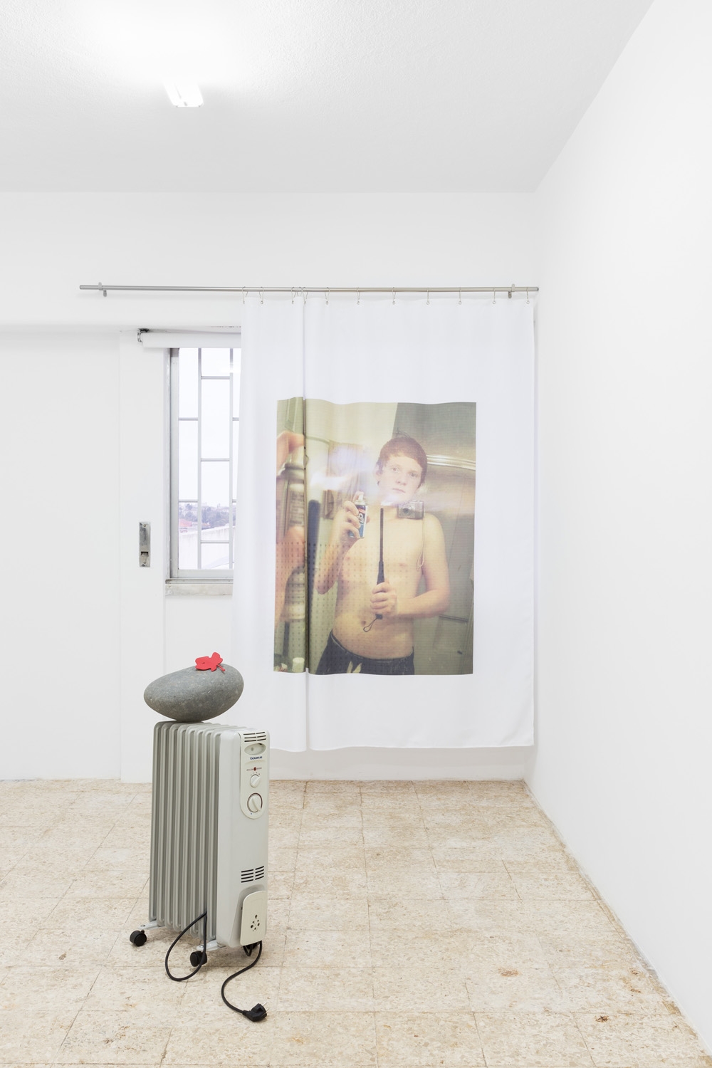 Arson (2016)
Shower Curtain with Inkjet print. 180 x 200 cm.  
Radiator (2016)
Oil-filled radiator Taurus, Dalda 2000. Intimate massager Eve. Stone. 30 x 40 
x 80 cm.   
Photo: Bruno Lopes.
